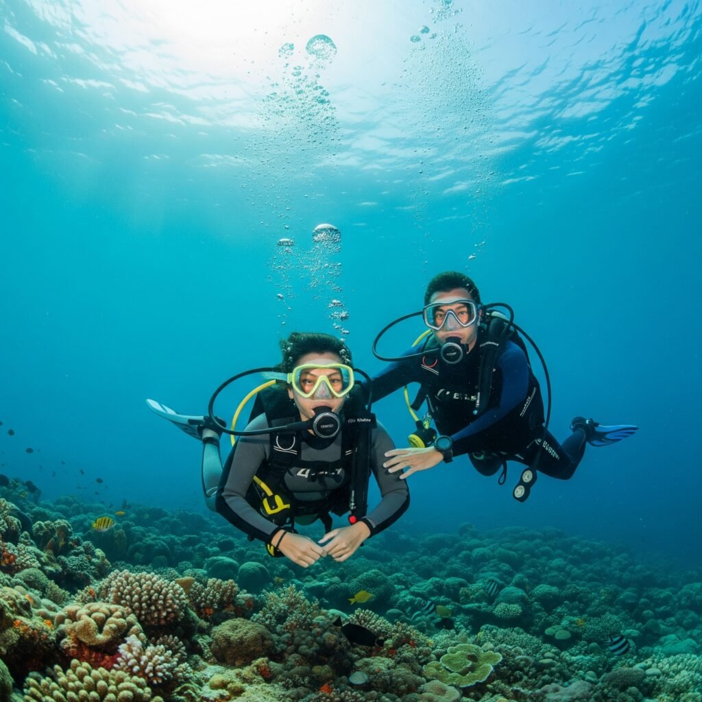 Buceador principiante feliz con instructor en su primer bautismo de buceo.